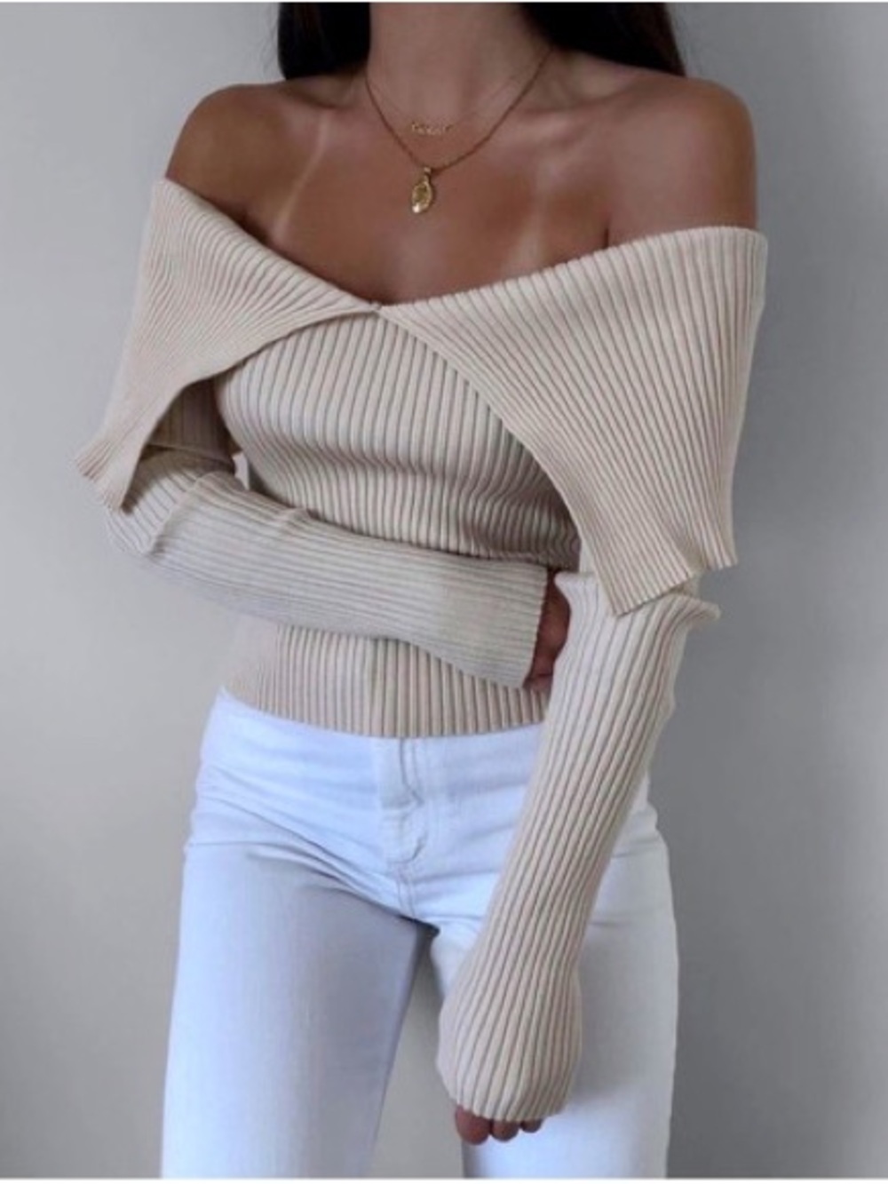 Zara Off-Shoulder Ribbed Knit Sweater Top - Cream
